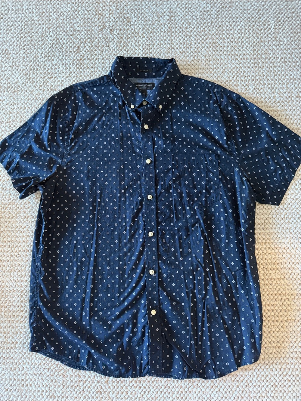 Banana Republic Navy Short-Sleeve Button-Down Shirt with White Micro Dots